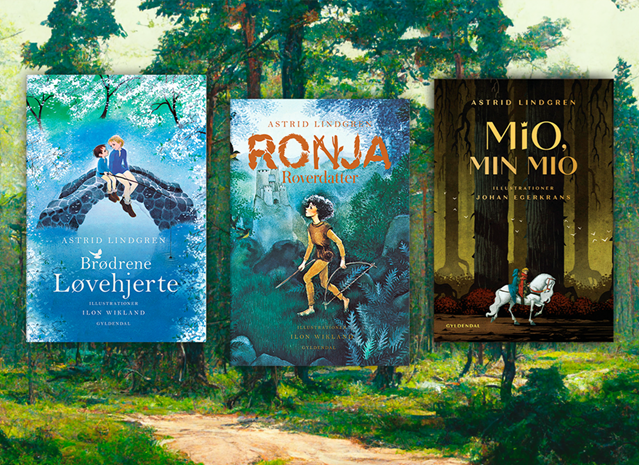 Billede af Astrid Lindgrens tre bøger Mio, min Mio, Brødrene Løvehjerte og Ronja Røverdatter i nye smykke opslag. 